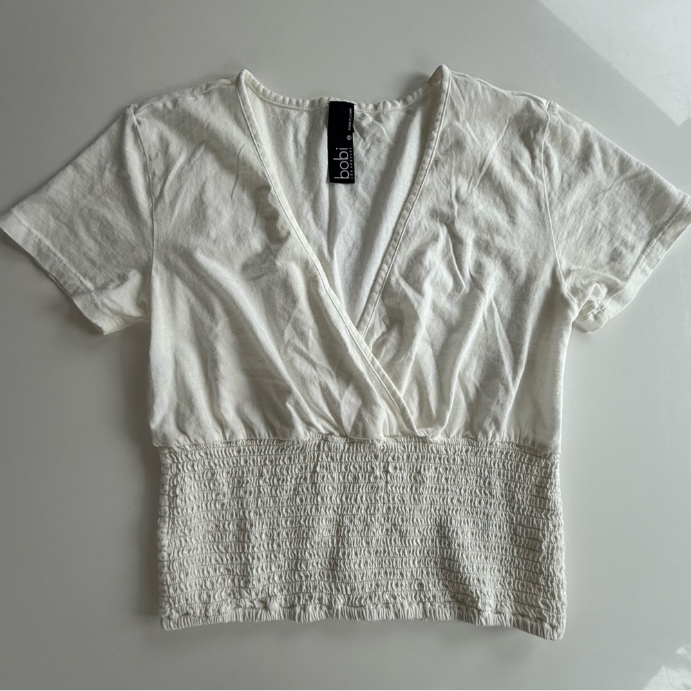 Bobi LA Women’s Top~ White~Short Sleeve~XS~Deep V Cross Neck~ Shirred Midsection